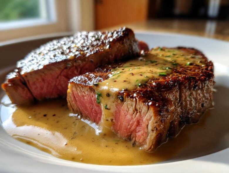 Two thick slices of perfectly cooked Garlic Butter Steak with Creamy Sauce, showing a medium-rare center.