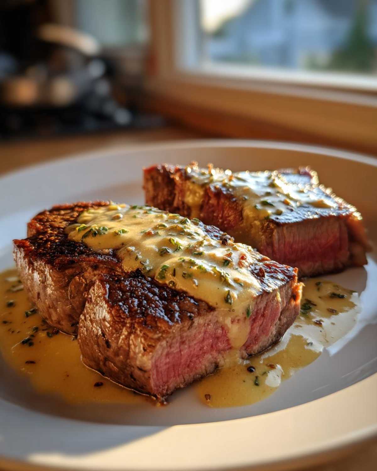 Two medium-rare steaks sliced and covered in a rich Garlic Butter Steak with Creamy Sauce, served on a white plate.