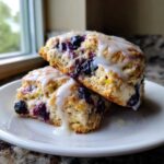 Two halves of freshly baked Blueberry Lemon Scones stacked, drizzled with a thick white lemon glaze.
