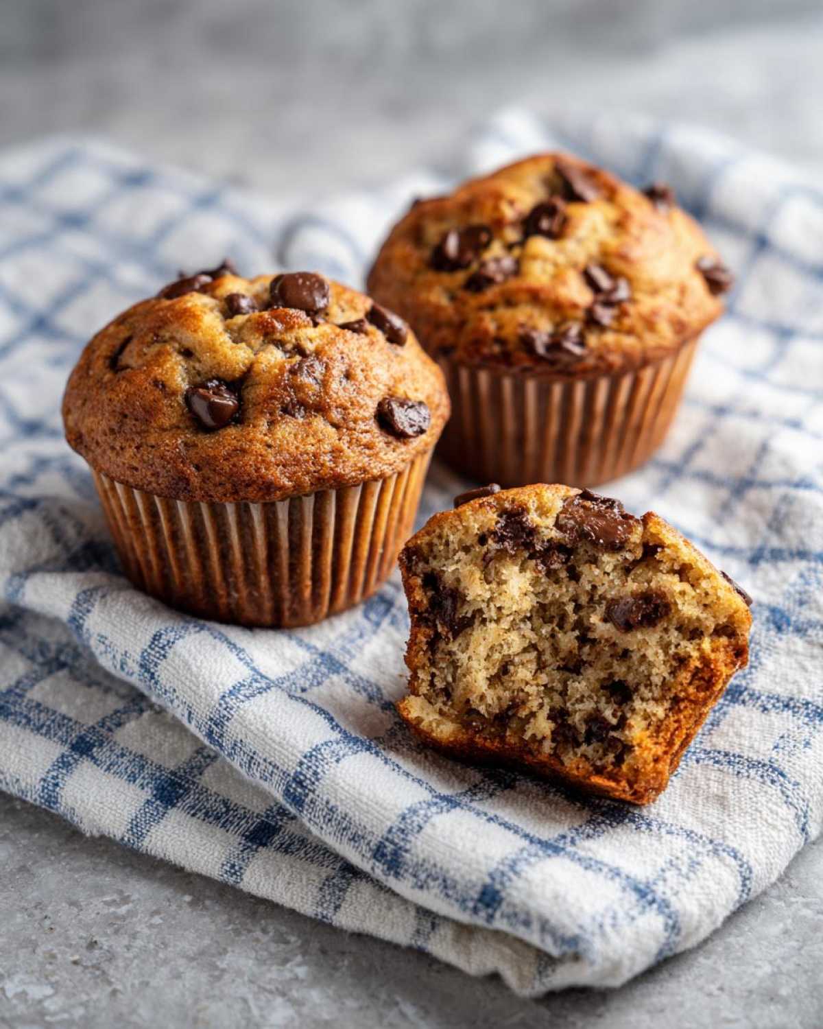 Three Gluten-Free Banana Chocolate Chip Muffins, one broken open to show the moist interior filled with chocolate chips.