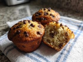 Three freshly baked Gluten-Free Banana Chocolate Chip Muffins, one cut open to show the moist interior.