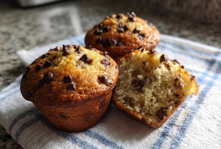 Three freshly baked Gluten-Free Banana Chocolate Chip Muffins, one cut open to show the moist interior.