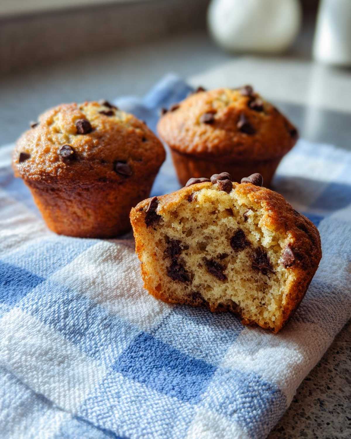 Three Gluten-Free Banana Chocolate Chip Muffins, one bitten to show moist interior.