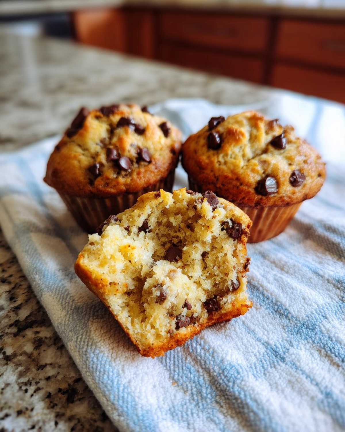 Close-up of Gluten-Free Banana Chocolate Chip Muffins, one broken open showing the moist crumb and chocolate chips.
