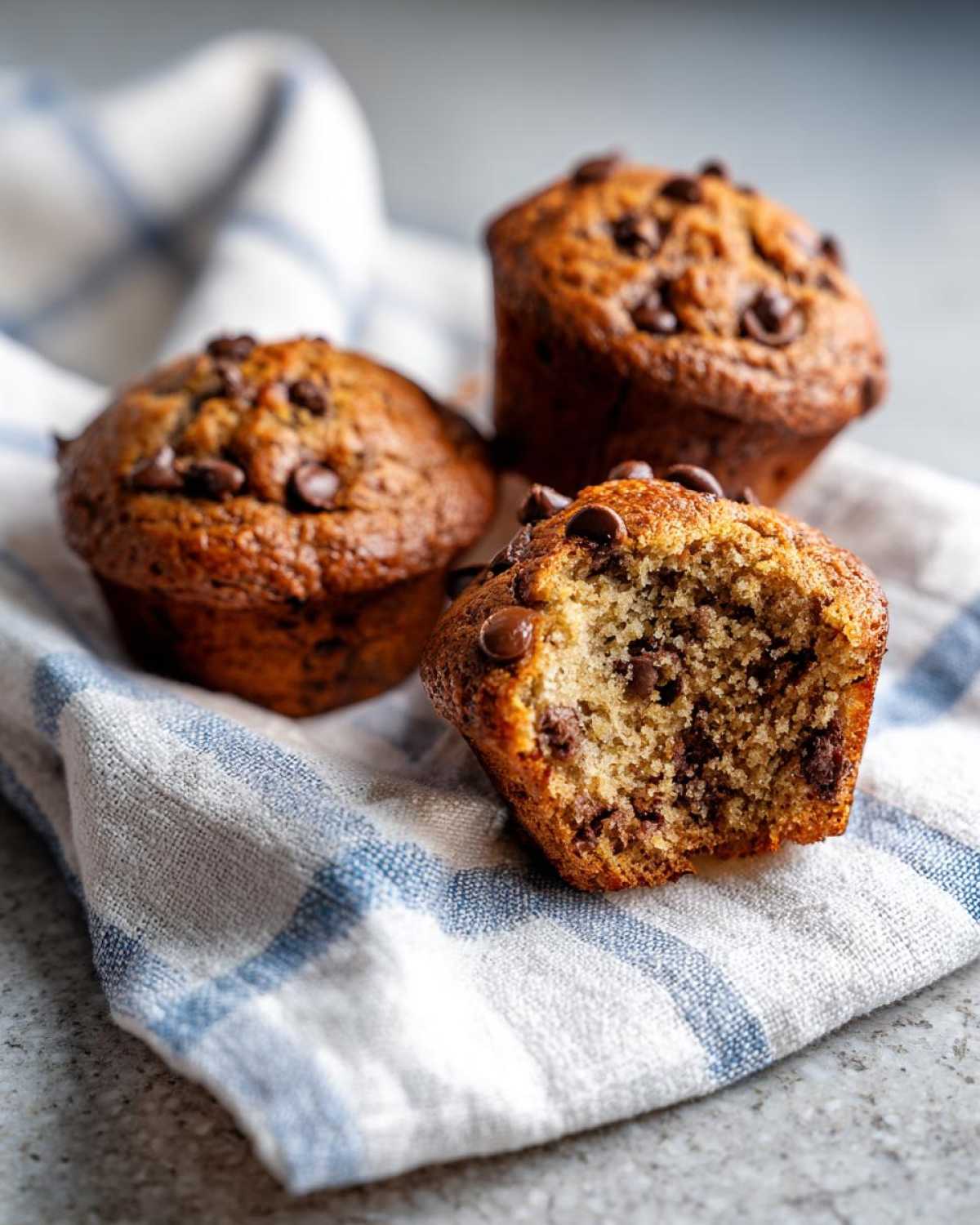 Three Gluten-Free Banana Chocolate Chip Muffins, one broken open showing the moist interior and chocolate chips.