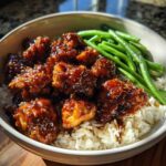 A close-up of a Honey Garlic Chicken Bowl featuring glazed chicken pieces over white rice with a side of bright green beans.