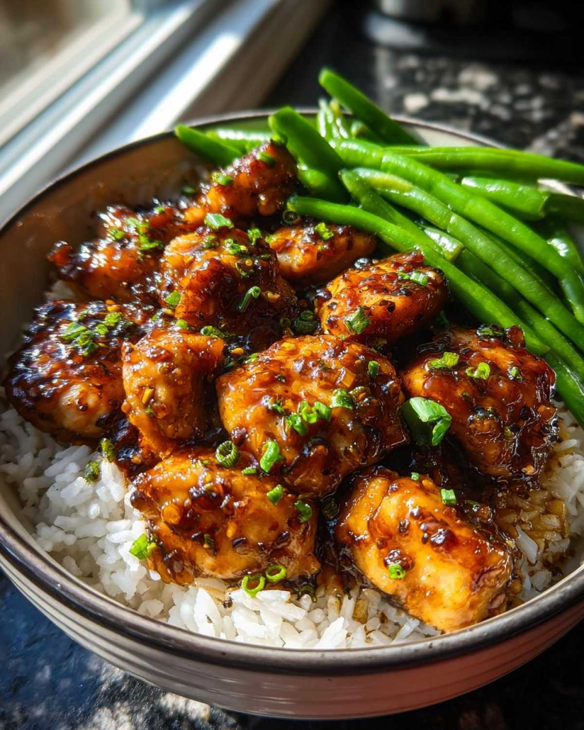 Close-up of a Honey Garlic Chicken Bowl featuring glazed chicken pieces over white rice and bright green beans.