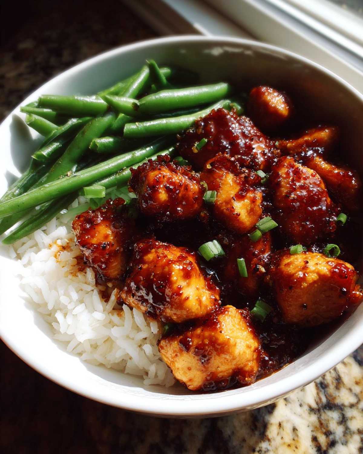 Close-up of a Honey Garlic Chicken Bowl featuring glazed chicken pieces over white rice with steamed green beans.