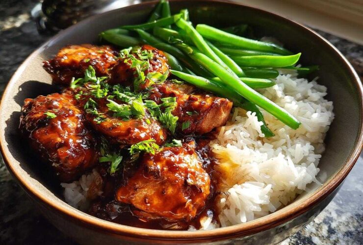 Close-up of a Honey Garlic Chicken Bowl featuring sticky glazed chicken pieces over white rice with steamed green beans.
