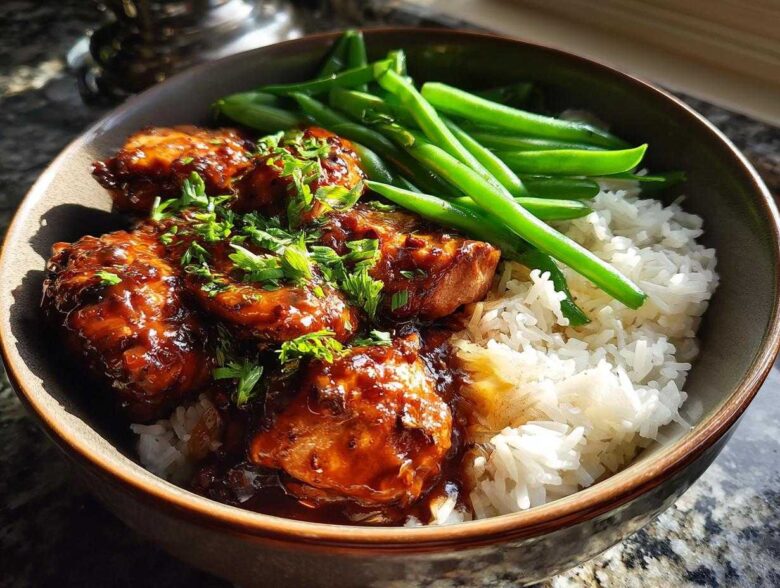 Close-up of a Honey Garlic Chicken Bowl featuring sticky glazed chicken pieces over white rice with steamed green beans.