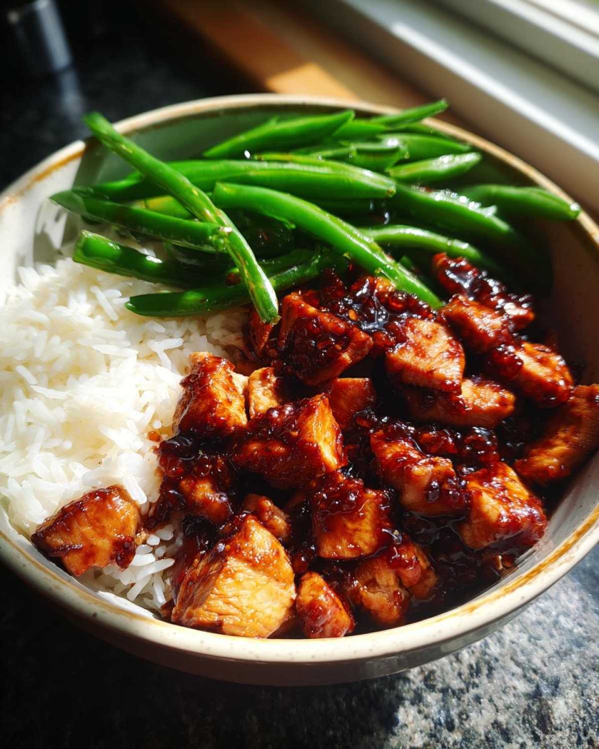 A close-up of a Honey Garlic Chicken Bowl featuring glazed chicken pieces, white rice, and steamed green beans.