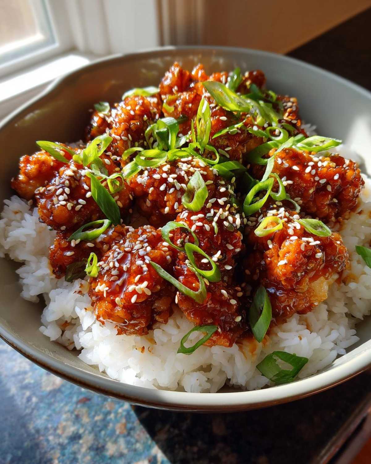 Close-up of a Honey Garlic Chicken Bowl with Rice, topped with sesame seeds and sliced green onions.