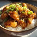 Close-up of a Honey Garlic Chicken Bowl with rice, topped with sesame seeds and sliced green onions.