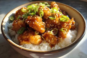 Close-up of a Honey Garlic Chicken Bowl with rice, topped with sesame seeds and sliced green onions.