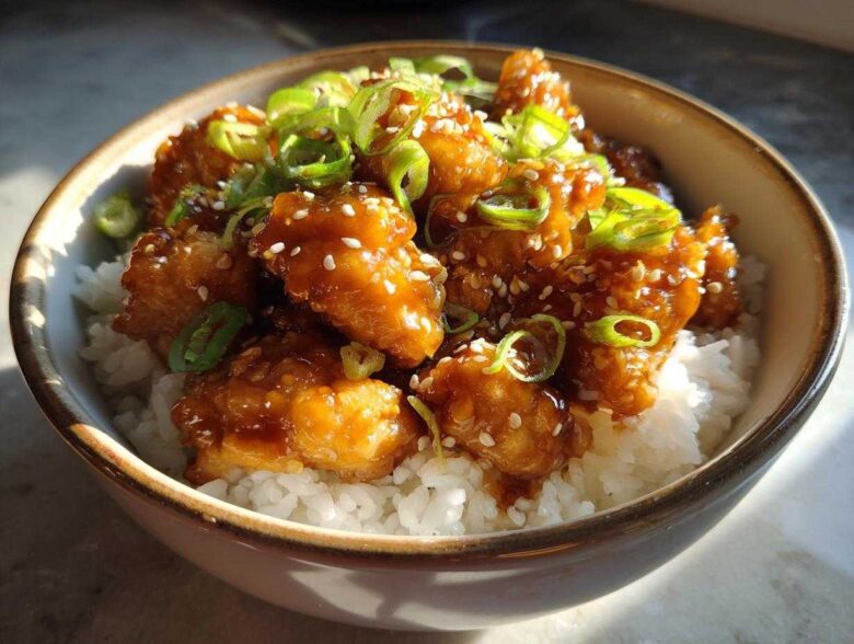 Close-up of a Honey Garlic Chicken Bowl with rice, topped with sesame seeds and sliced green onions.
