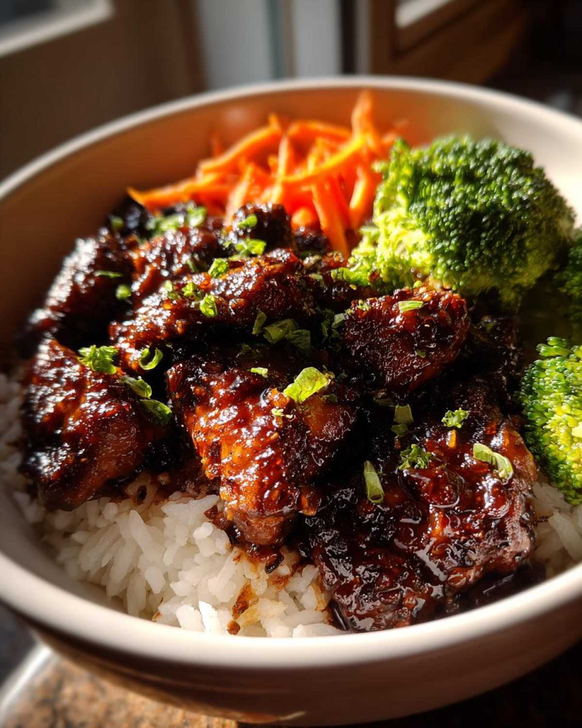 Close-up of a Honey Garlic Chicken Bowl featuring sticky glazed chicken pieces over white rice with bright green broccoli and shredded carrots.
