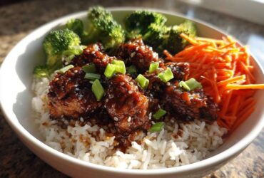 A close-up of a Honey Garlic Chicken Bowl featuring sticky glazed chicken pieces over white rice, served with steamed broccoli and shredded carrots.