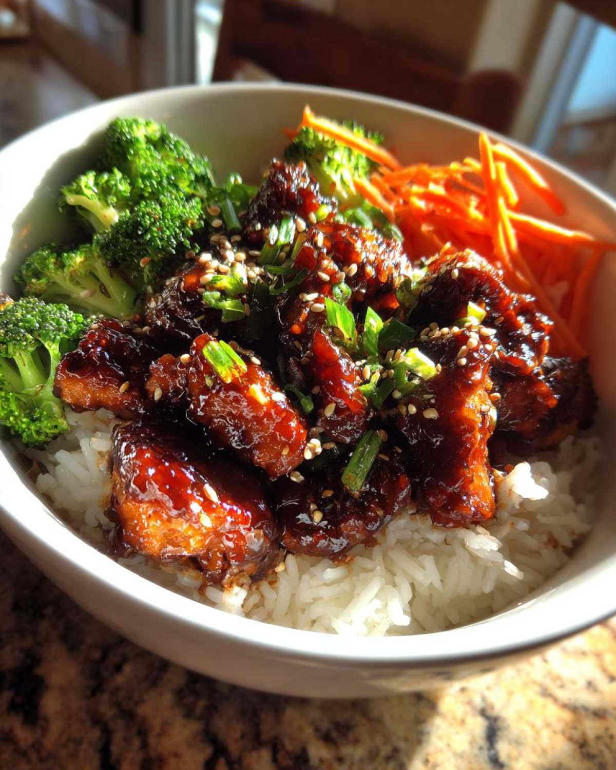 Close-up of a Honey Garlic Chicken Bowl featuring glazed chicken pieces over white rice with steamed broccoli and shredded carrots.