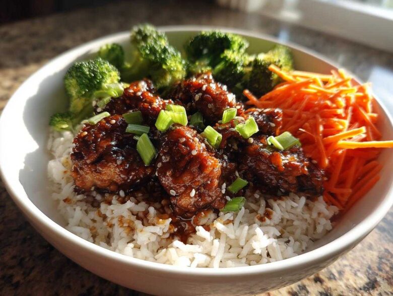 A close-up of a Honey Garlic Chicken Bowl featuring sticky glazed chicken pieces over white rice, served with steamed broccoli and shredded carrots.