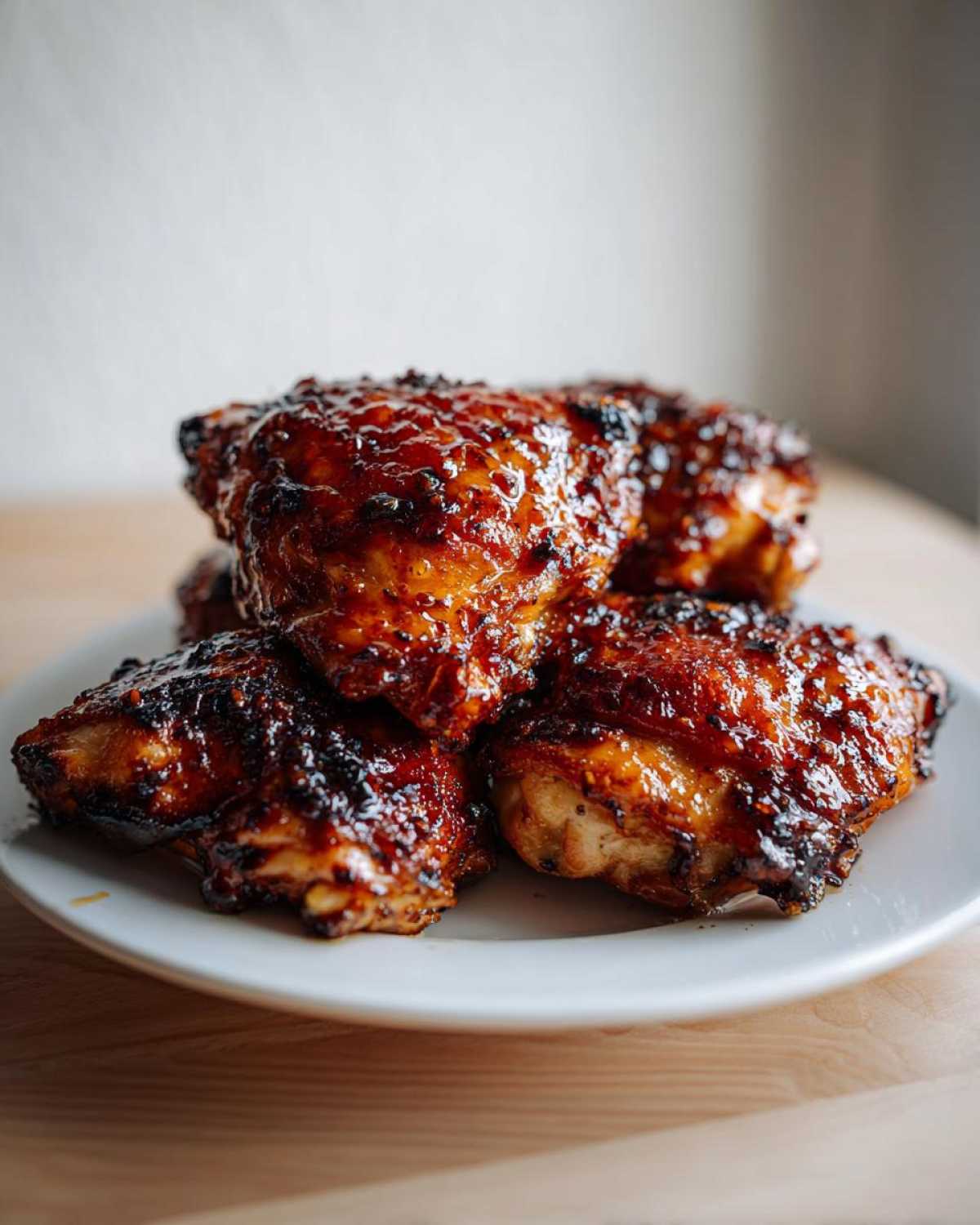 A stack of perfectly glazed Honey Garlic Chicken Thighs Oven Baked on a white plate.
