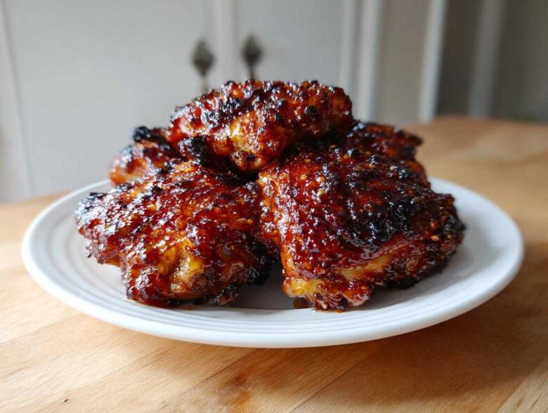 A stack of glistening, caramelized Honey Garlic Chicken Thighs Oven Baked served on a white plate.