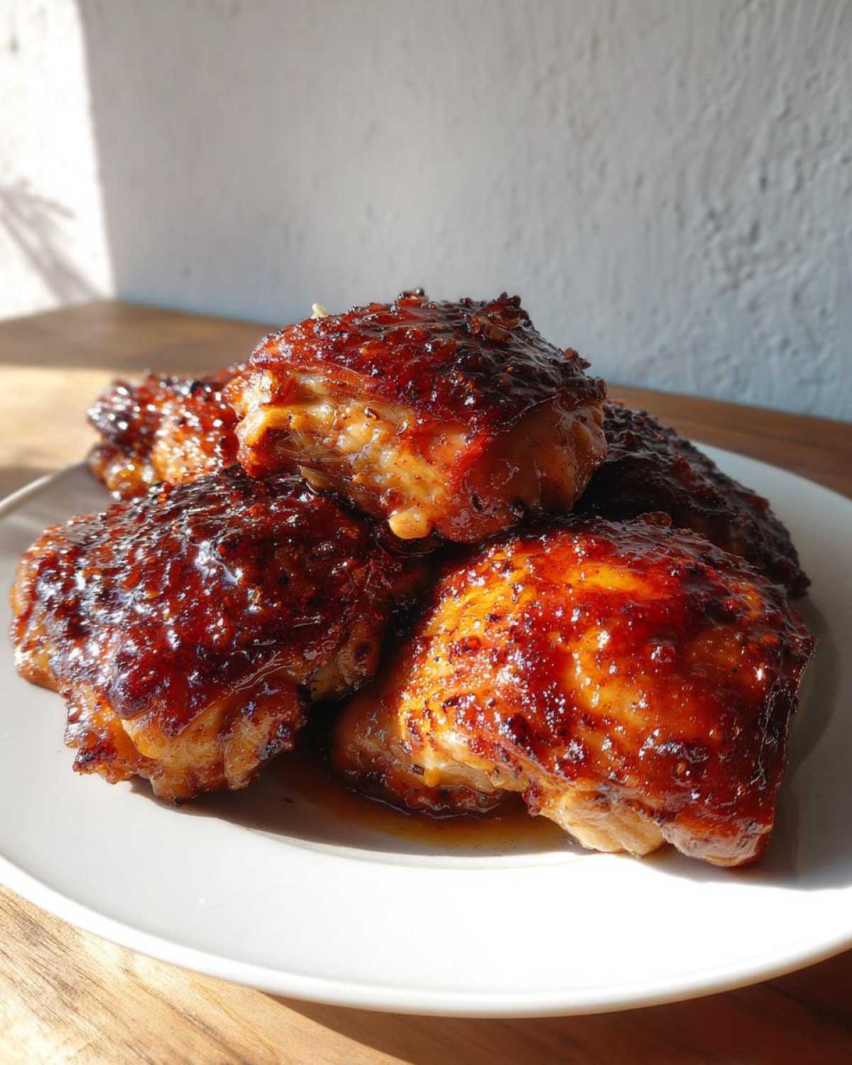 Close-up of four baked Honey Garlic Chicken Thighs Oven Baked with a thick, dark, caramelized glaze.