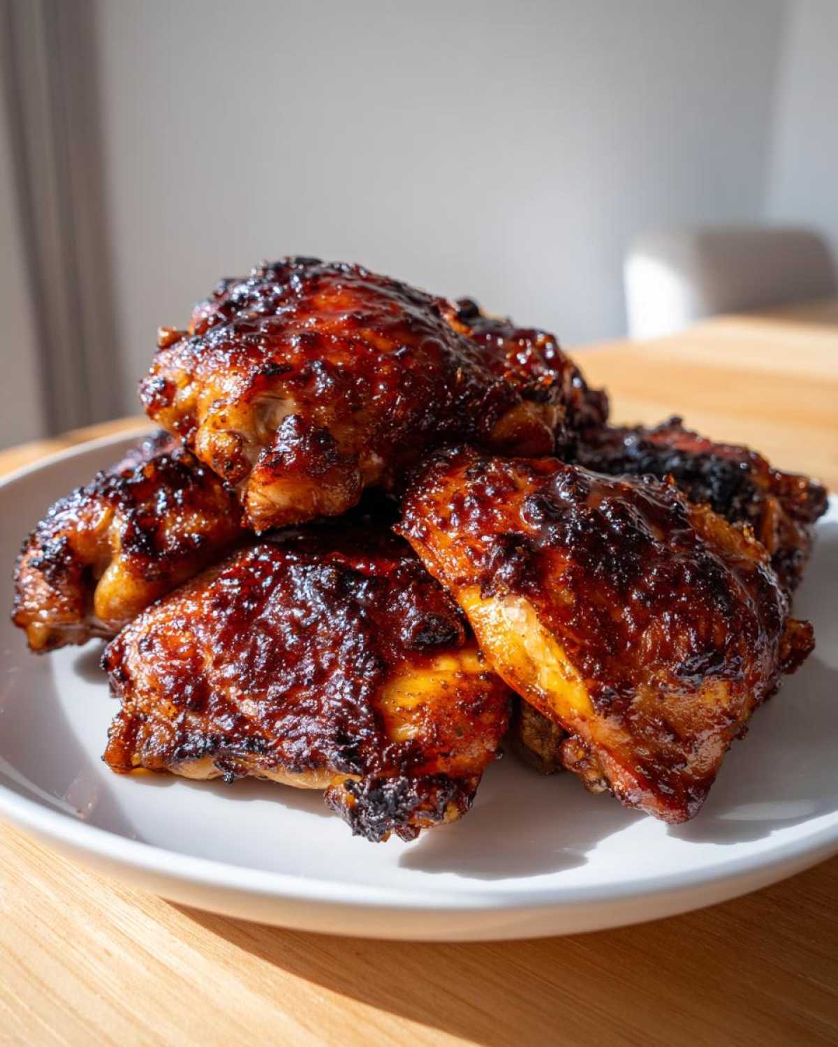 A stack of perfectly cooked Honey Garlic Chicken Thighs Oven Baked with a dark, sticky glaze on a white plate.