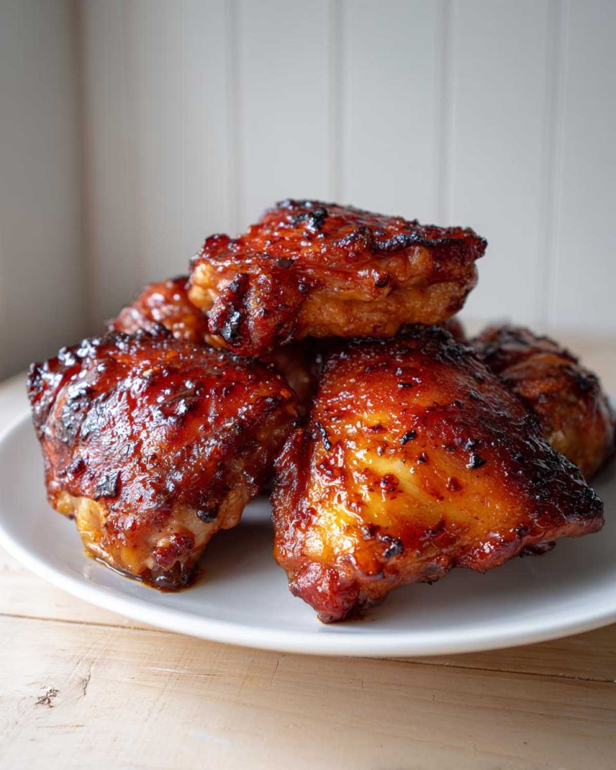 A stack of perfectly baked Honey Garlic Chicken Thighs Oven Baked with a sticky, caramelized glaze on a white plate.