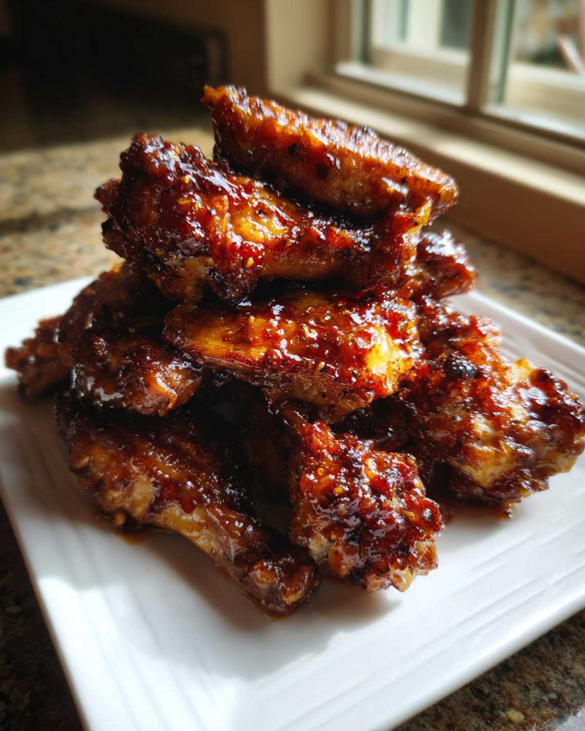 A close-up stack of glistening Honey Garlic Chicken Wings Sticky Oven Baked on a white plate.