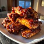 A close-up of a pile of sticky Honey Garlic Chicken Wings Sticky Oven Baked glistening with sauce on a white plate.