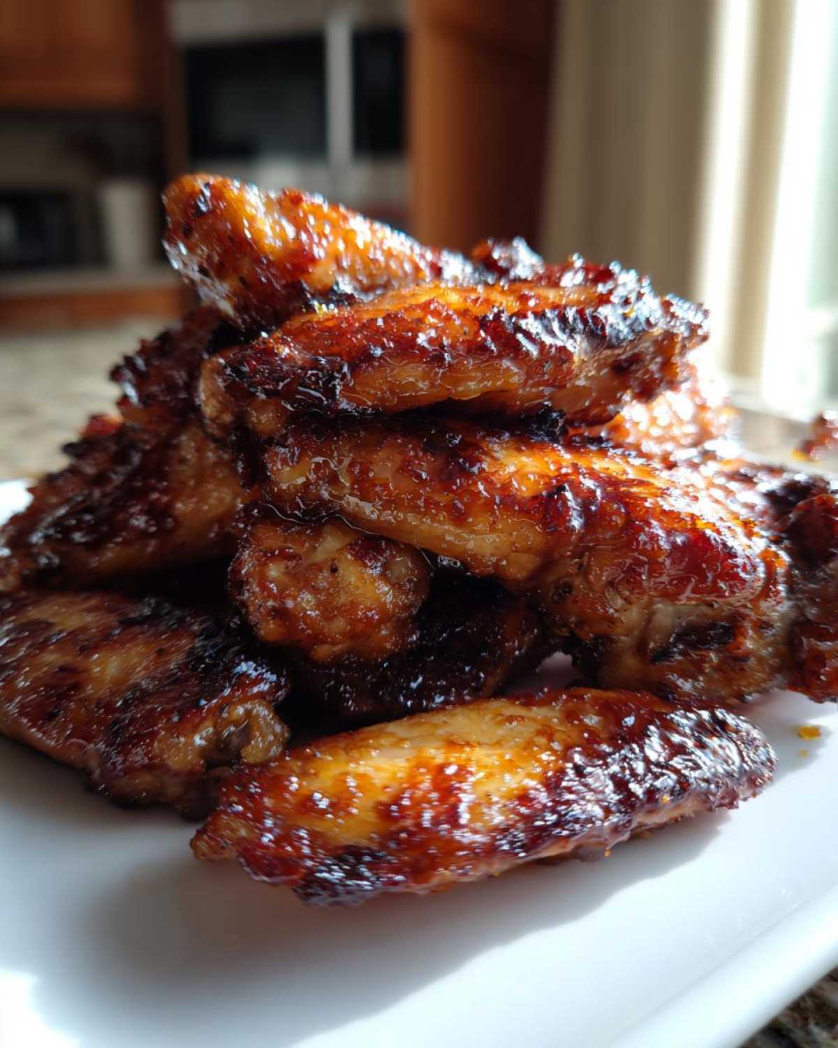 Close-up of a pile of sticky, caramelized Honey Garlic Chicken Wings Oven Baked on a white plate.
