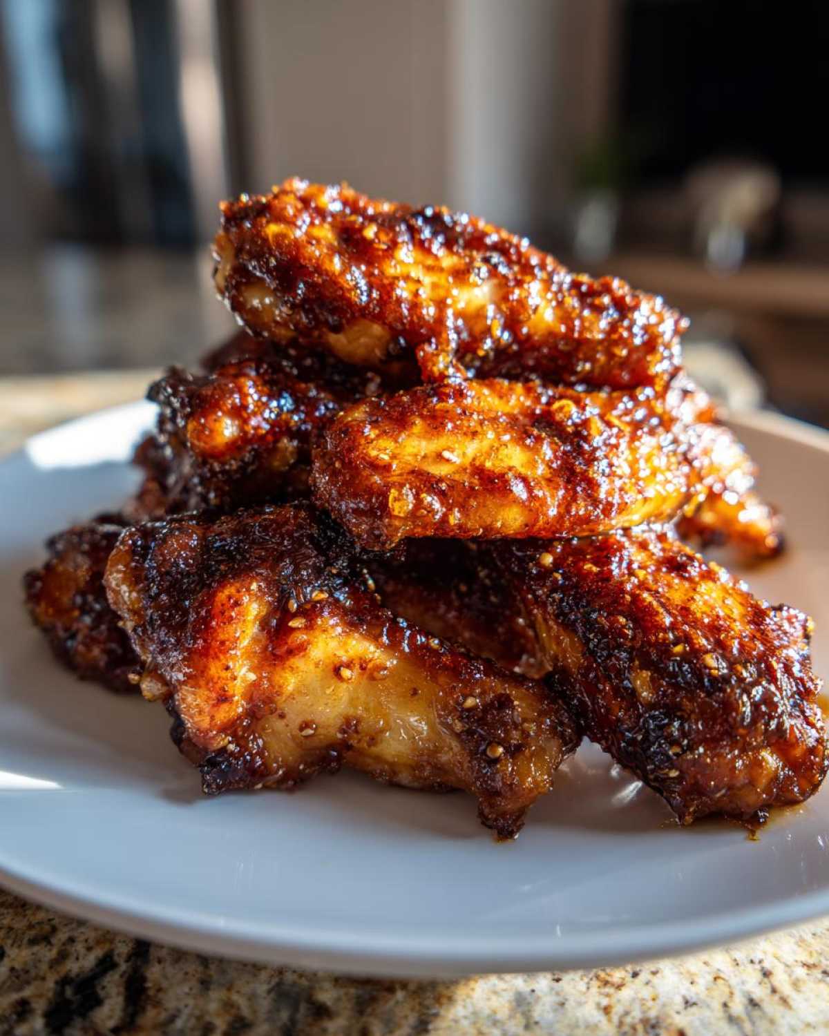 A stack of perfectly cooked, sticky Honey Garlic Chicken Wings Oven Baked glistening with glaze on a white plate.