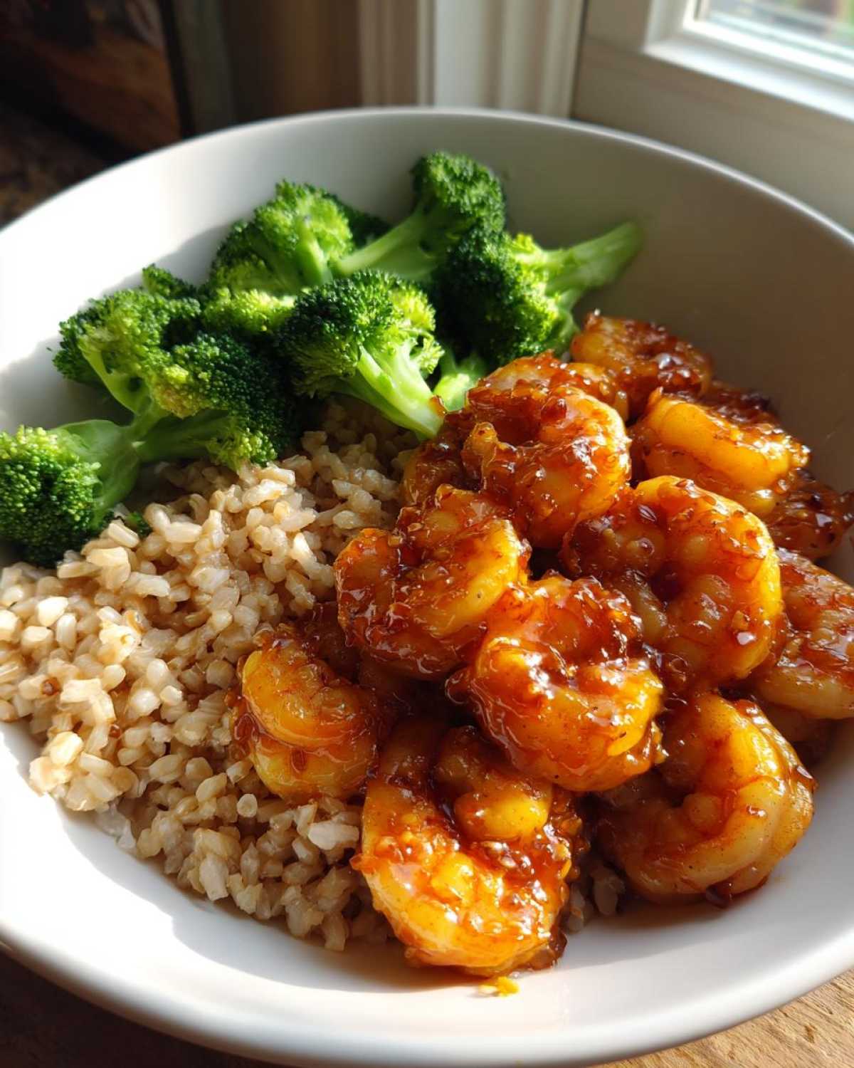 Close-up of a Honey Garlic Shrimp Bowl Quick Dinner featuring glazed shrimp, brown rice, and steamed broccoli.