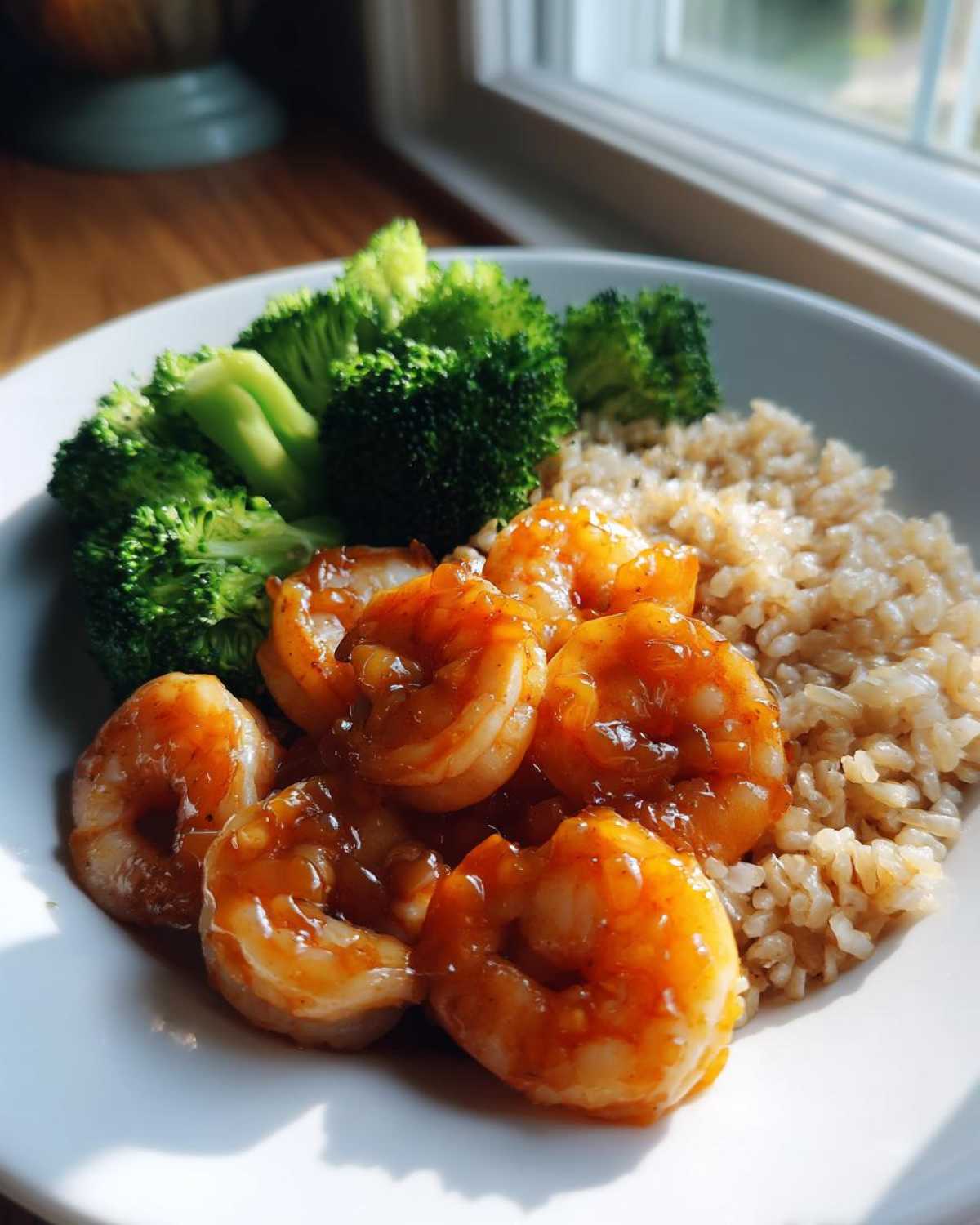 A close-up of a Honey Garlic Shrimp Bowl Quick Dinner featuring glazed shrimp, brown rice, and steamed broccoli florets.