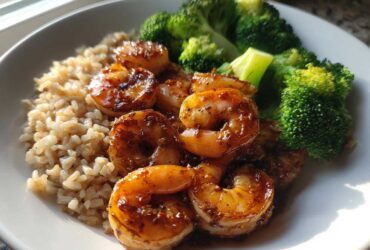 Close-up of a Honey Garlic Shrimp Bowl Quick Dinner featuring glazed shrimp, brown rice, and steamed broccoli florets.