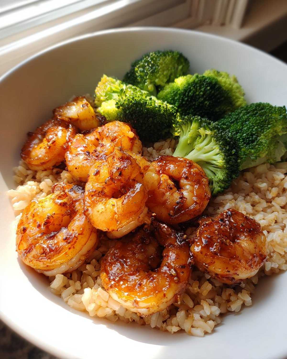 Close-up of a Honey Garlic Shrimp Bowl Quick Dinner featuring glazed shrimp, brown rice, and steamed broccoli florets.