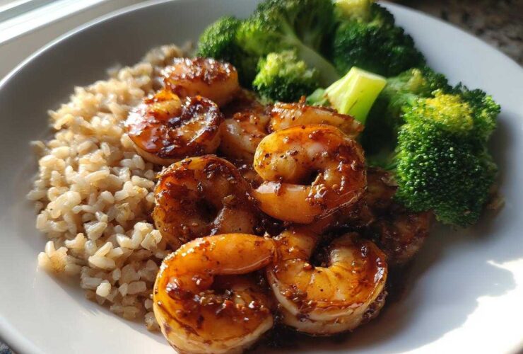 Close-up of a Honey Garlic Shrimp Bowl Quick Dinner featuring glazed shrimp, brown rice, and steamed broccoli florets.