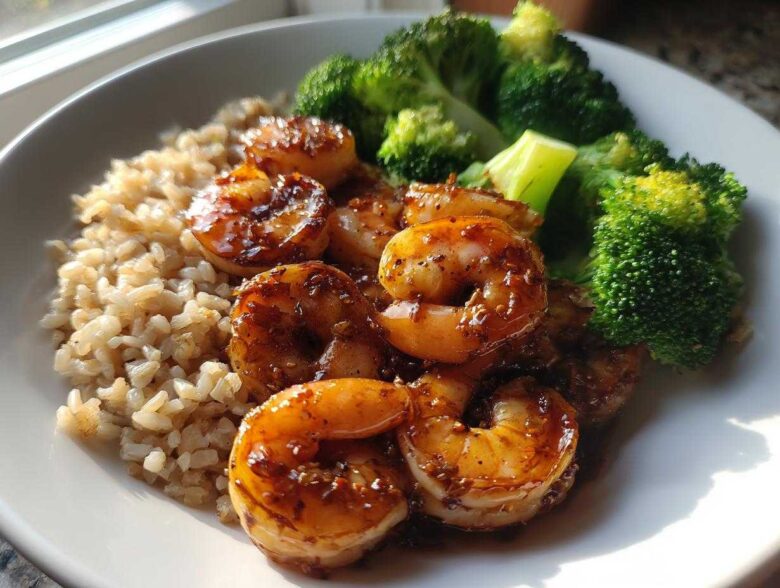 Close-up of a Honey Garlic Shrimp Bowl Quick Dinner featuring glazed shrimp, brown rice, and steamed broccoli florets.