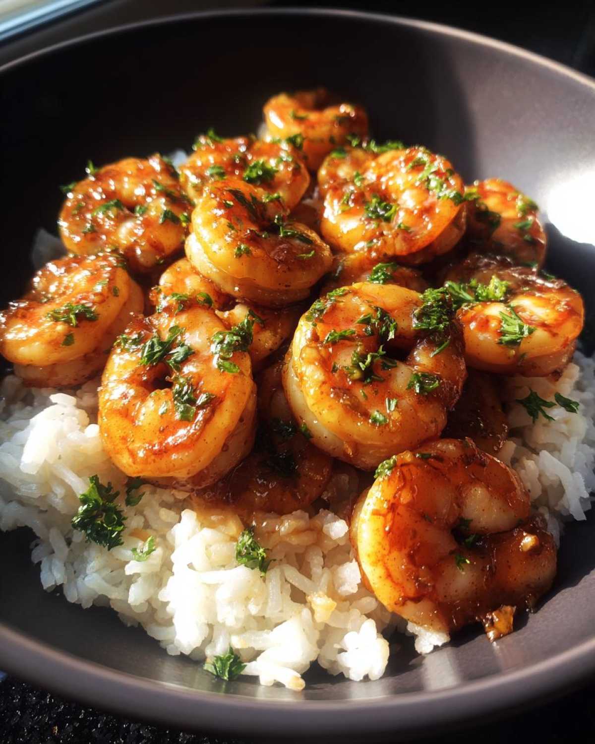 Close-up of Honey Garlic Shrimp Skillet with glossy sauce served over a bed of white rice and garnished with parsley.