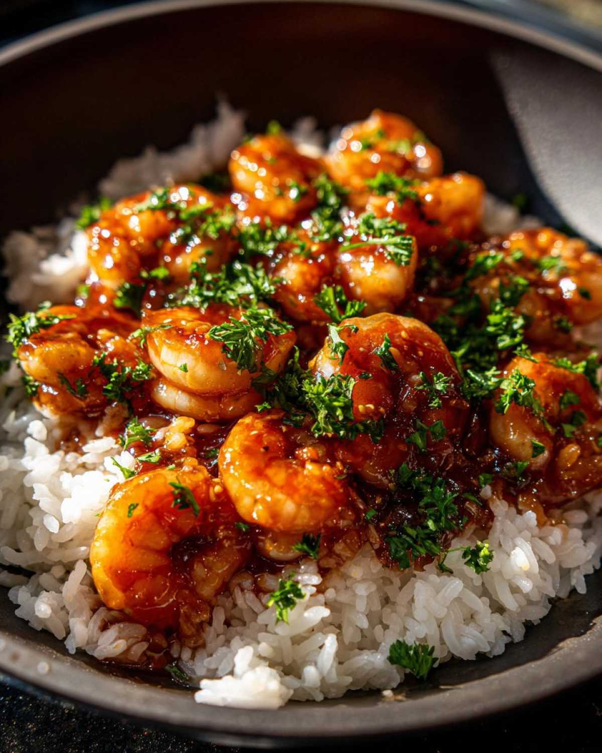 Close-up of Honey Garlic Shrimp Skillet served over fluffy white rice and garnished with fresh parsley.