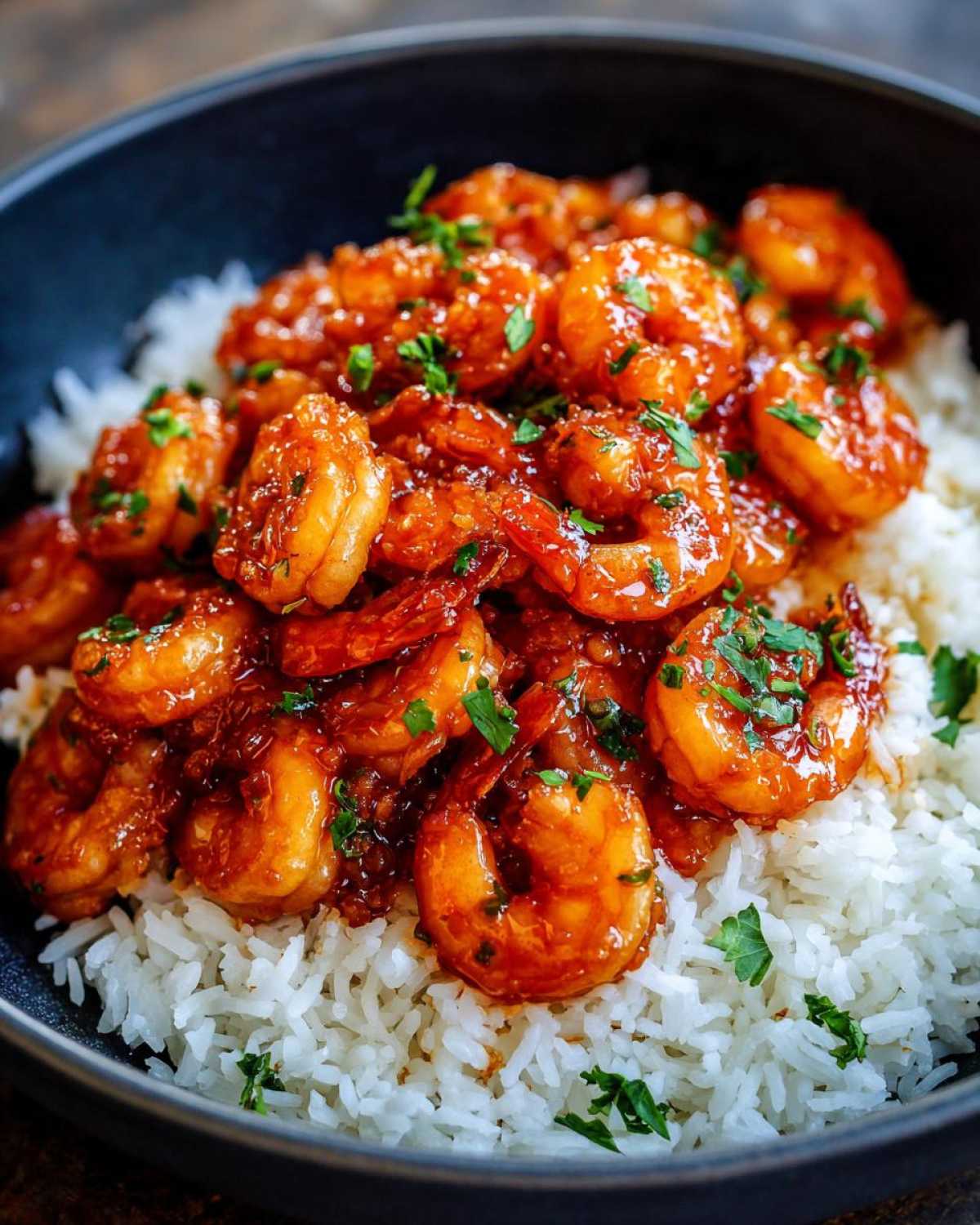 Close-up of Honey Garlic Shrimp Skillet with Rice, featuring plump shrimp coated in a glossy sauce over white rice, garnished with parsley.