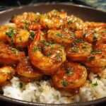 Glazed shrimp covered in honey garlic sauce served over white rice, garnished with parsley.