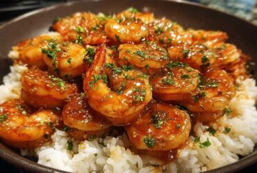 Glazed shrimp covered in honey garlic sauce served over white rice, garnished with parsley.