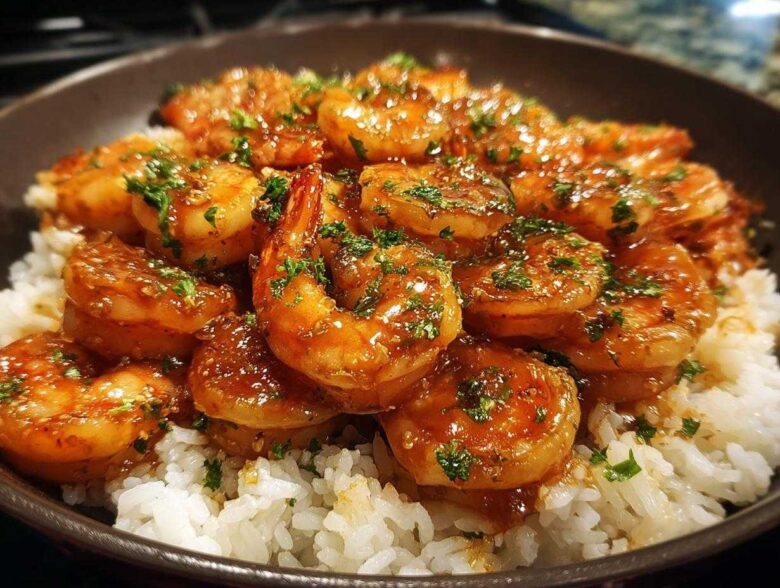 Glazed shrimp covered in honey garlic sauce served over white rice, garnished with parsley.