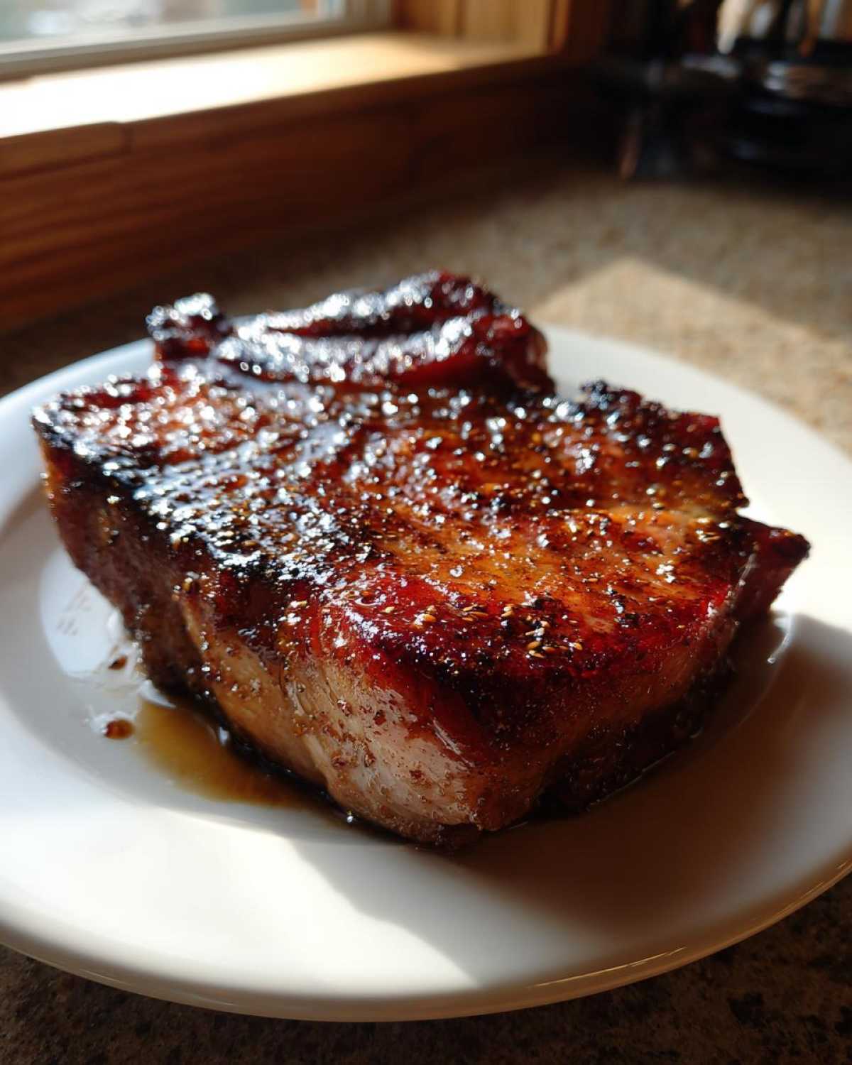 Close-up of a thick, juicy Honey Glazed Ham Steak in the Skillet, glistening with a dark, sweet glaze.