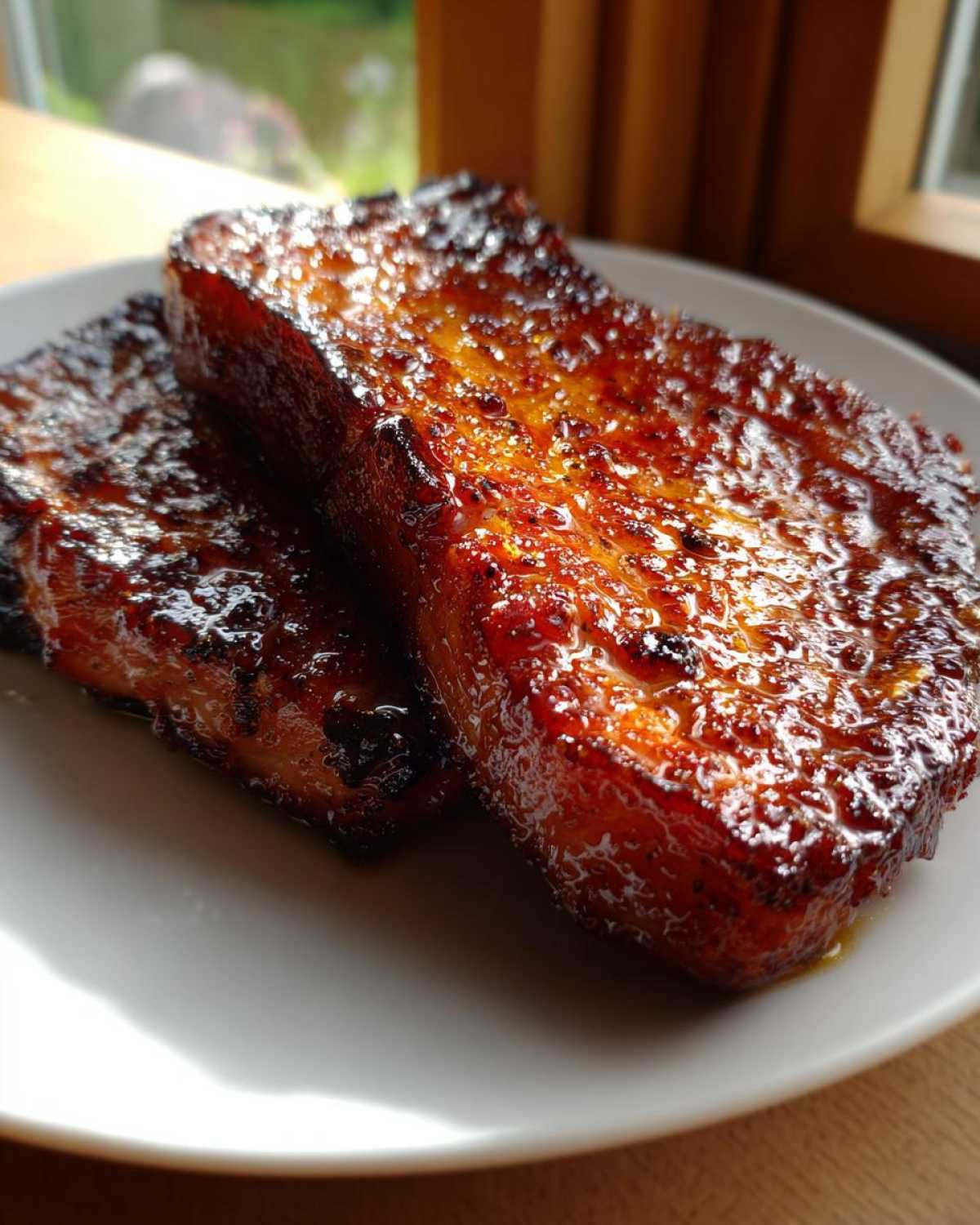 Close-up of two thick Honey Glazed Ham Steak in the Skillet pieces with a shiny, caramelized exterior.