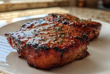 Two thick slices of Honey Glazed Ham Steak in the Skillet, caramelized and glistening with a sweet glaze and herbs.