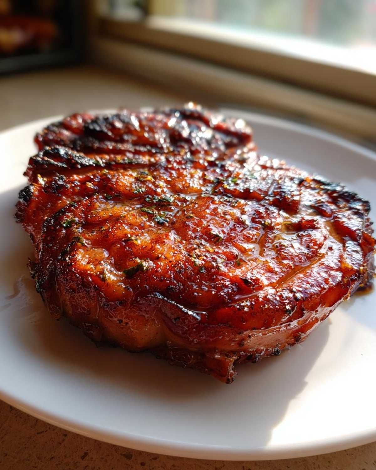 Close-up of a beautifully caramelized Honey Glazed Ham Steak in the Skillet, glistening under natural light.