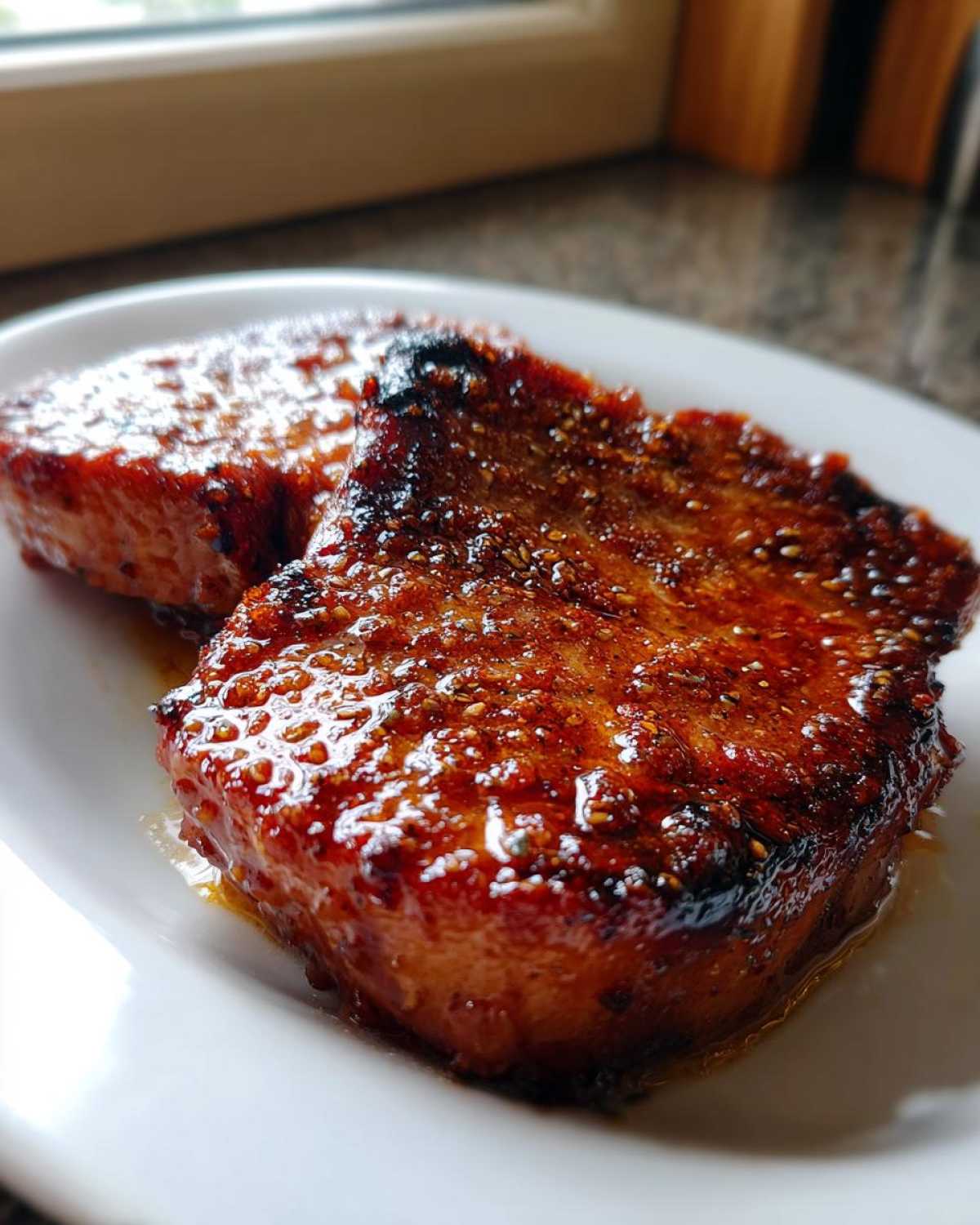 Two perfectly seared Honey Glazed Ham Steak in the Skillet pieces glistening with a thick, caramelized glaze on a white plate.