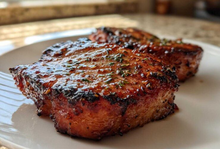 Two thick slices of Honey Glazed Ham Steak in the Skillet, caramelized and glistening with a sweet glaze and herbs.